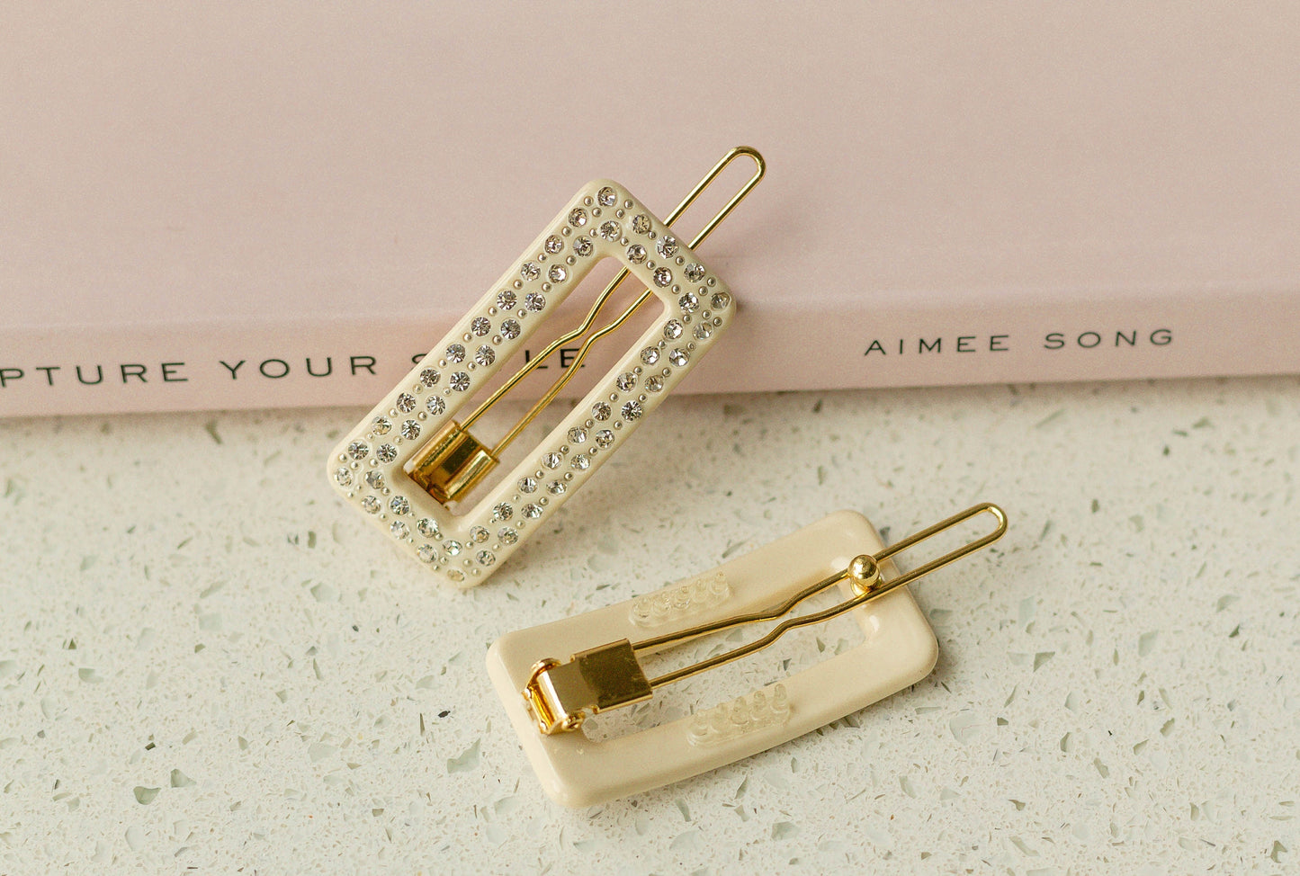 White Rhinestone Rectangle Hair Pins Set of 2