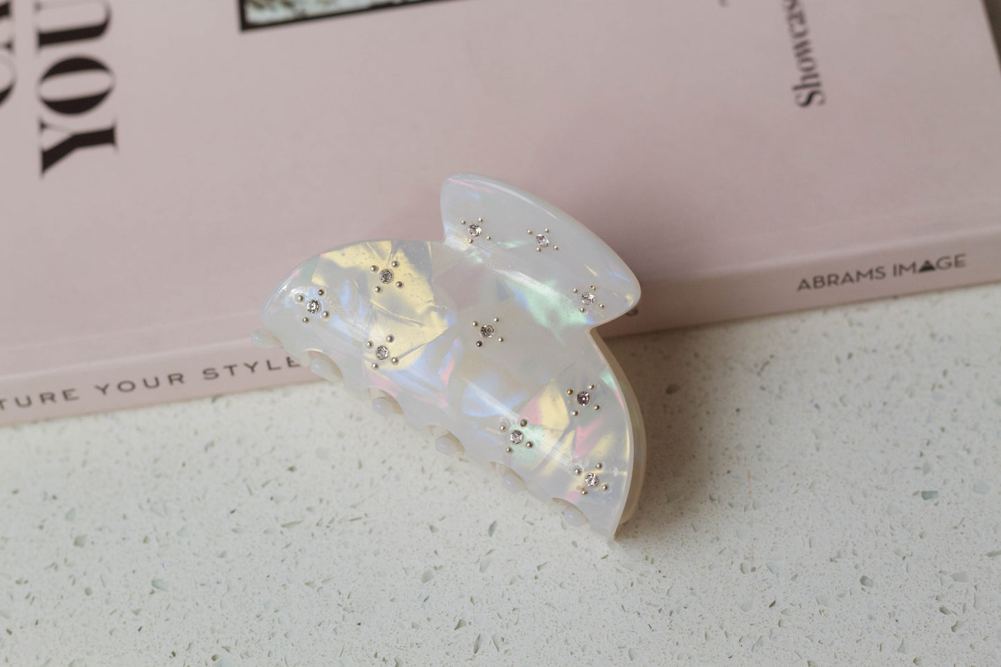 White Acetate Hair Claw with Rhinestone Details