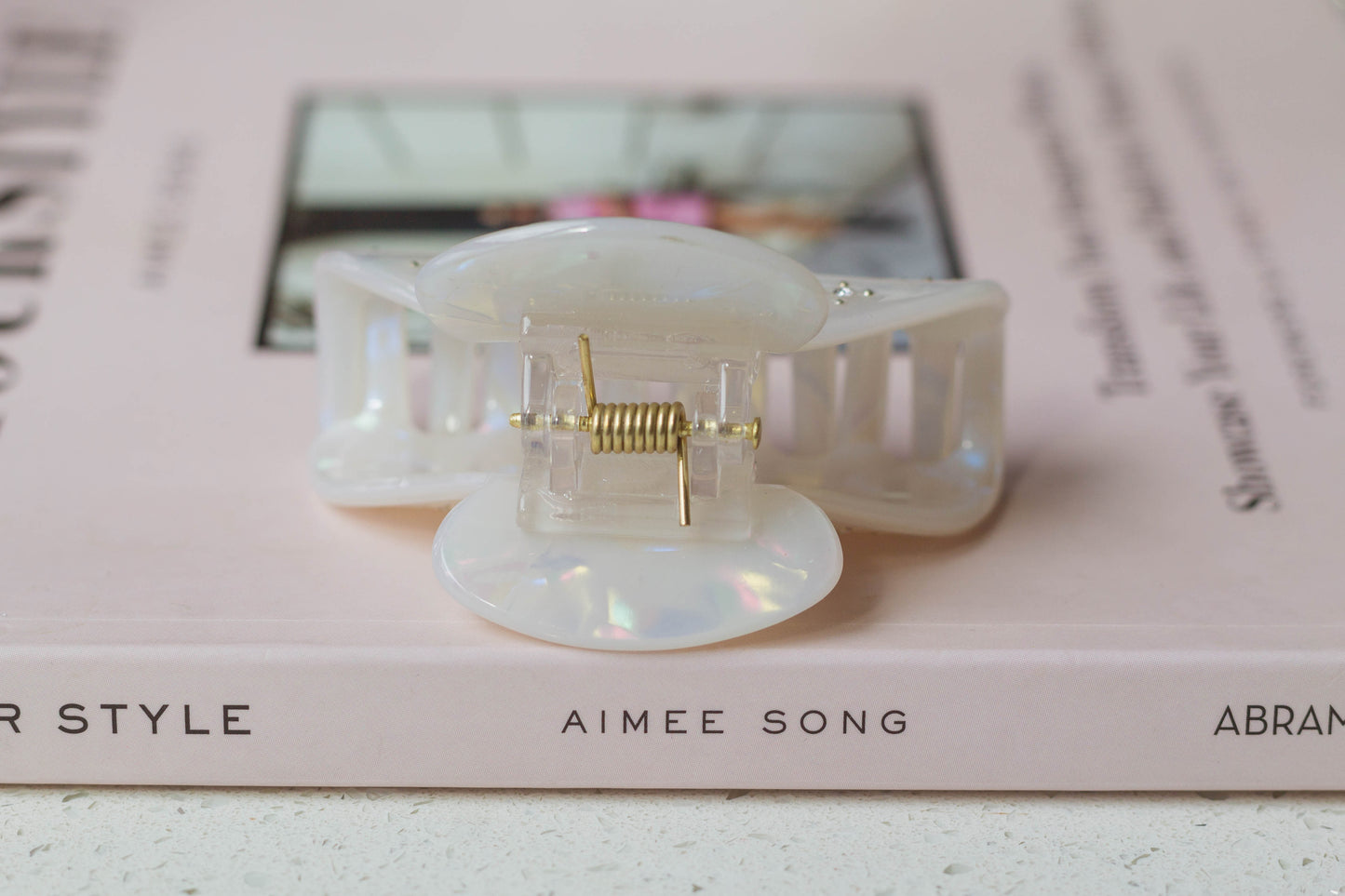 White Acetate Hair Claw with Rhinestone Details