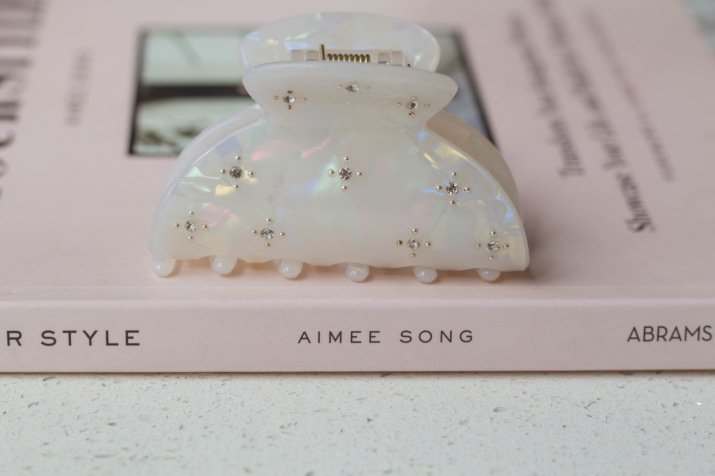 White Acetate Hair Claw with Rhinestone Details