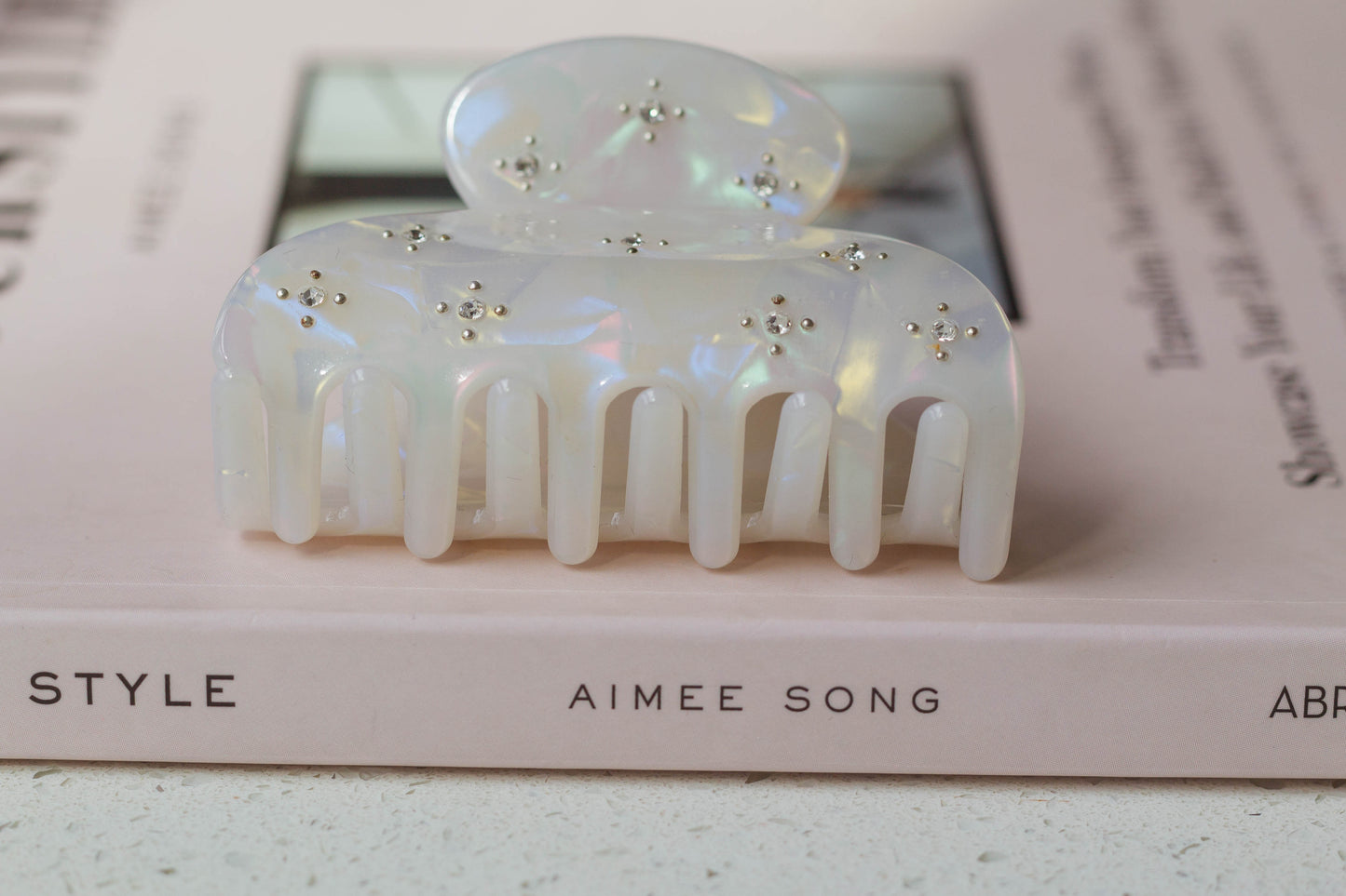 White Acetate Hair Claw with Rhinestone Details