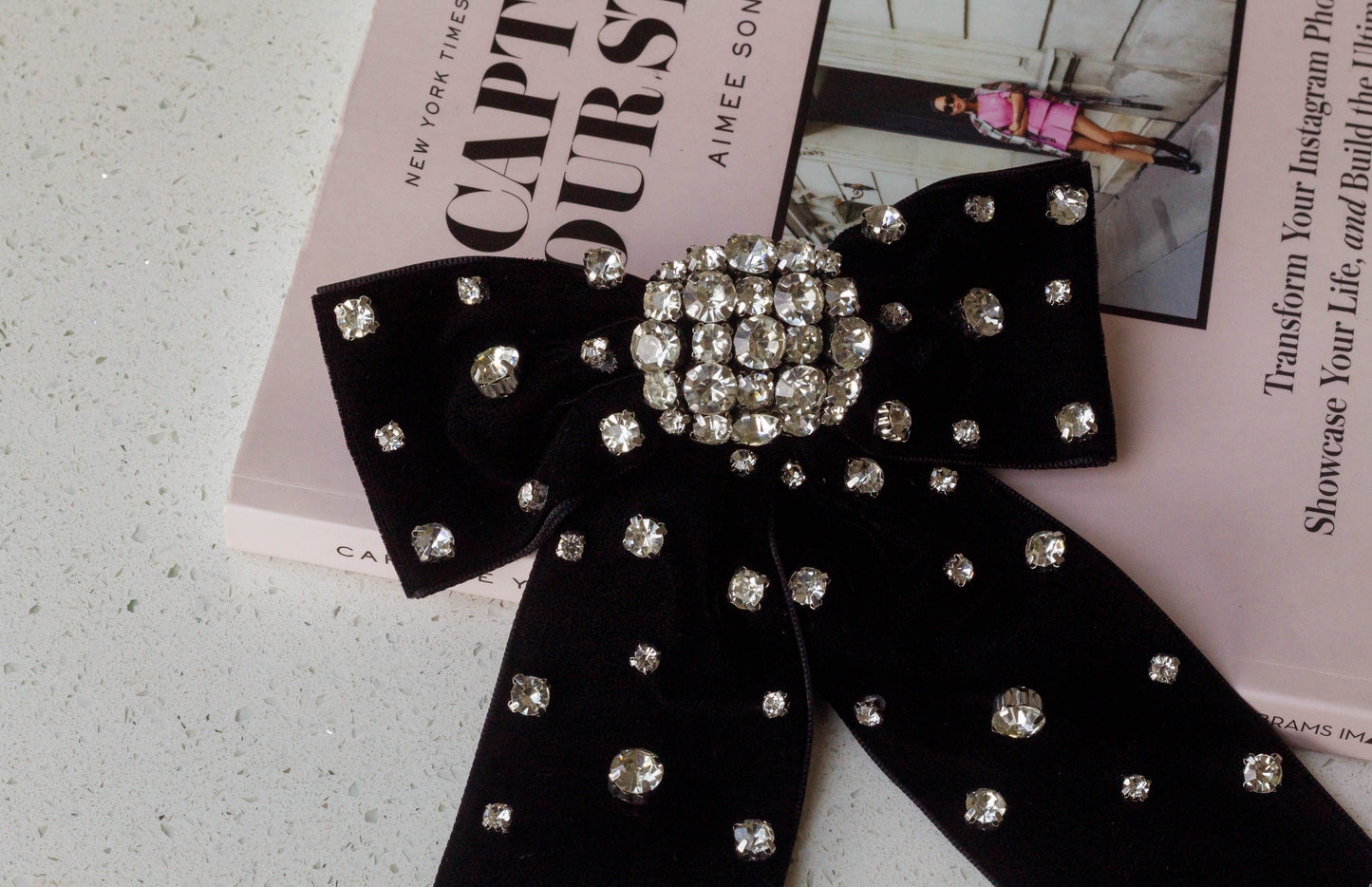 Rhinestone Velvet Hair Bow Barrette