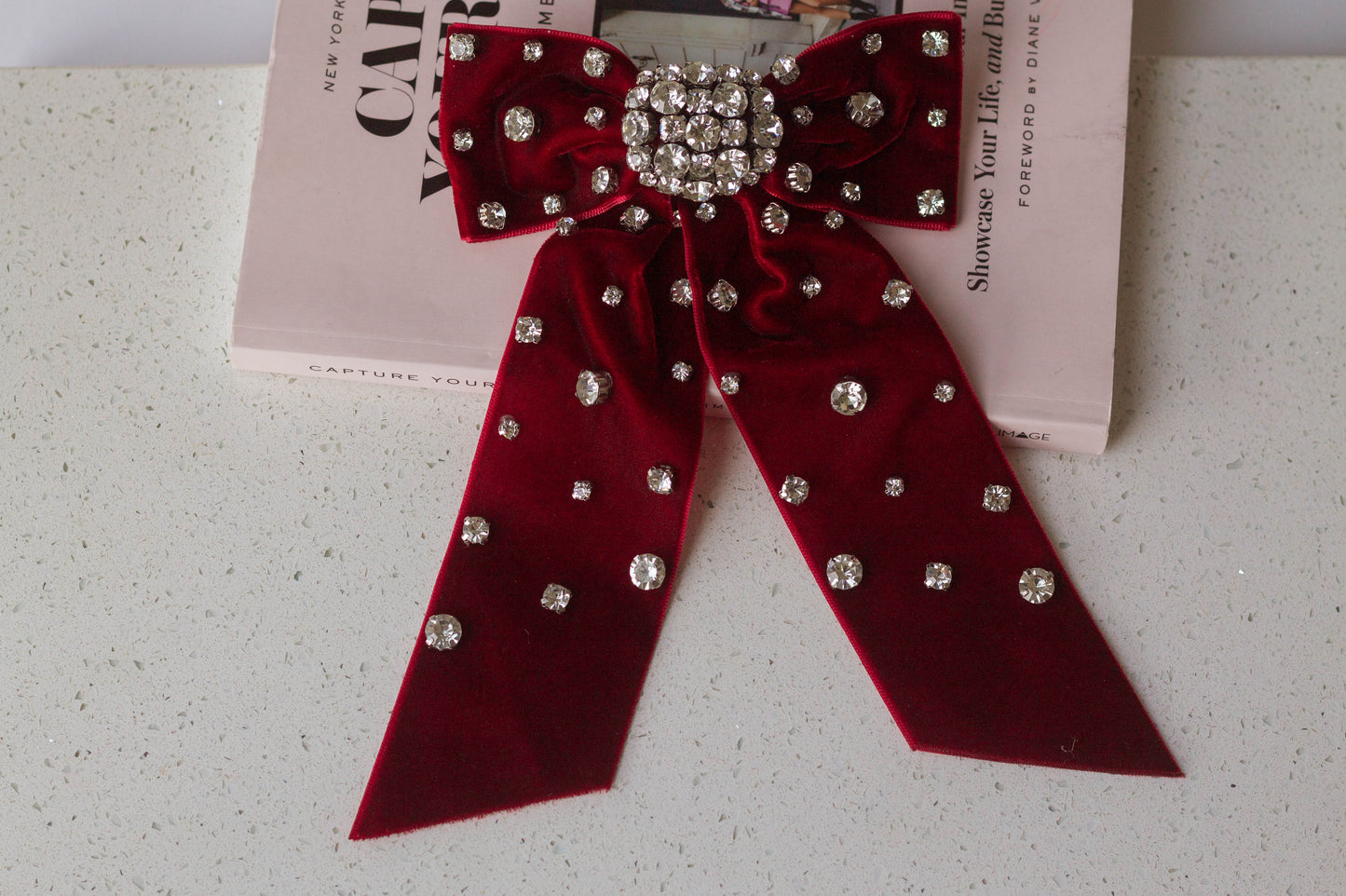 Rhinestone Velvet Hair Bow Barrette