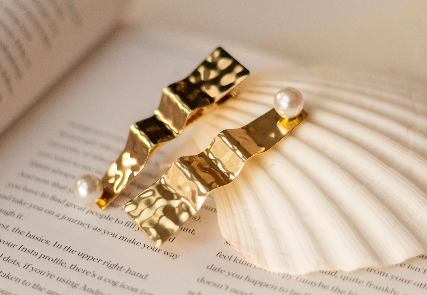 2 pc Gold Dented Hair Clip with Pearl Detail