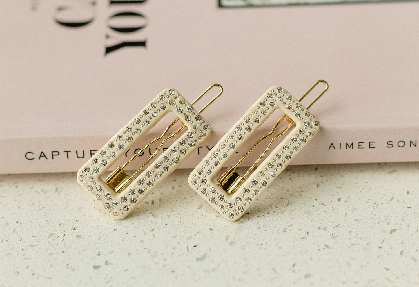 White Rhinestone Rectangle Hair Pins Set of 2