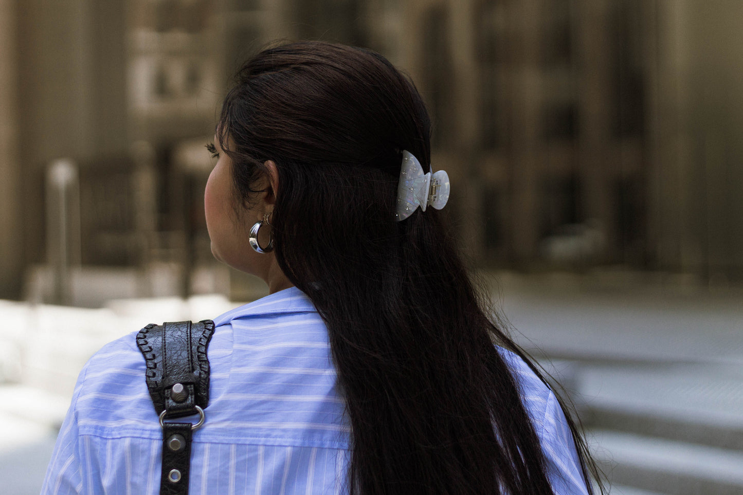 Medium White Acetate Hair Claw with Rhinestone Details